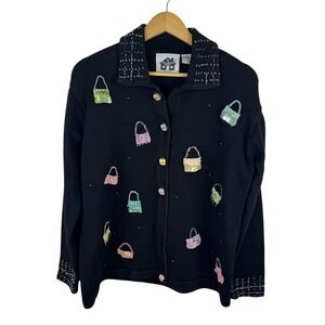 Storybook Knits Womens Embellished Cardigan Sz Large Black Jeweled Handbag Purse
